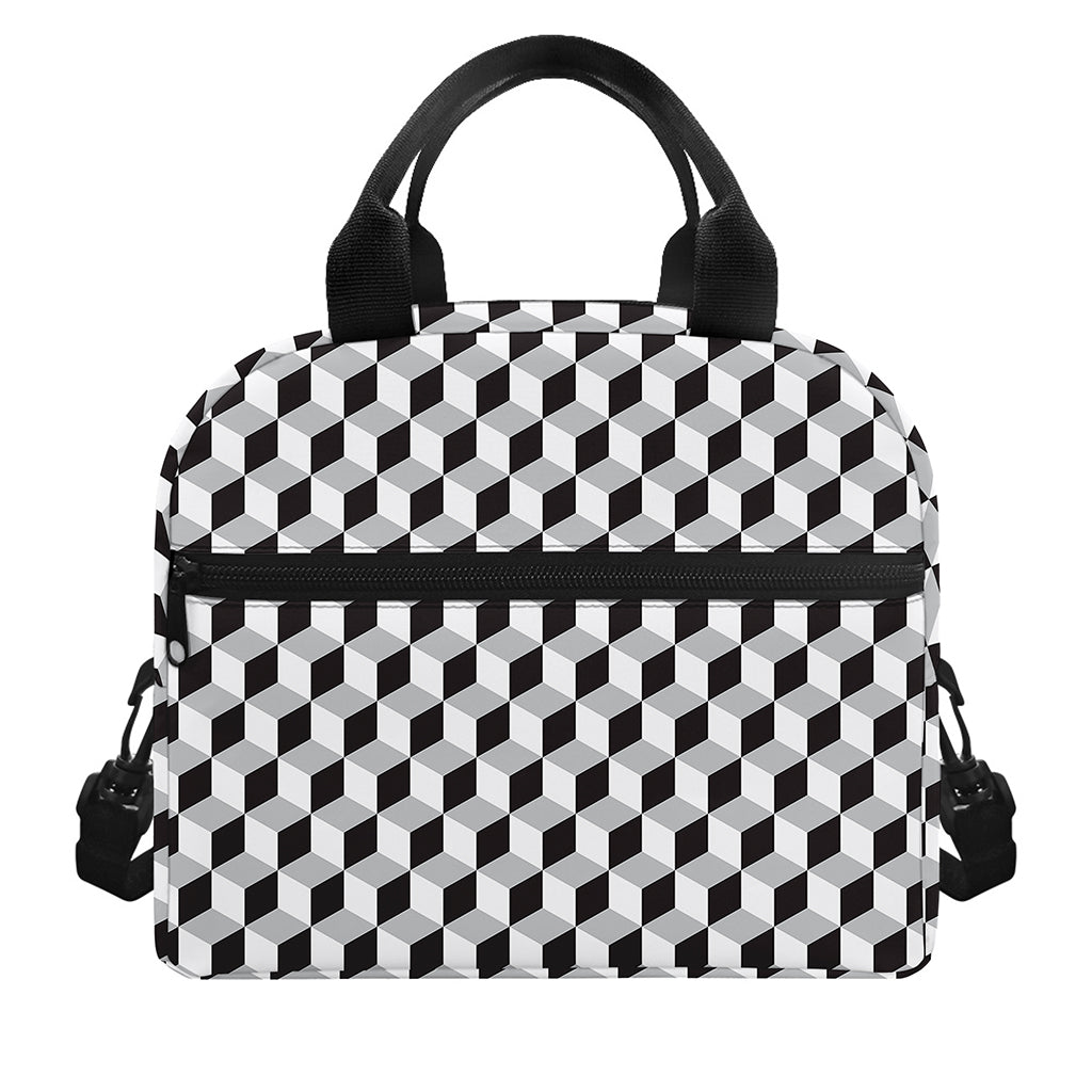 Grey Geometric Cube Shape Pattern Print Insulated Lunch Bag