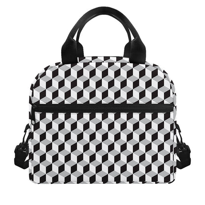 Grey Geometric Cube Shape Pattern Print Insulated Lunch Bag
