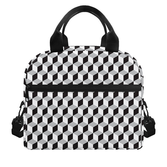 Grey Geometric Cube Shape Pattern Print Insulated Lunch Bag