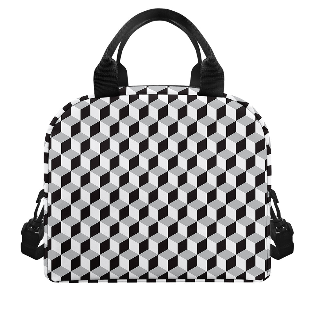 Grey Geometric Cube Shape Pattern Print Insulated Lunch Bag