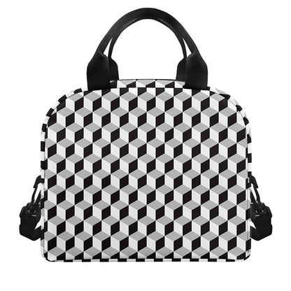 Grey Geometric Cube Shape Pattern Print Insulated Lunch Bag