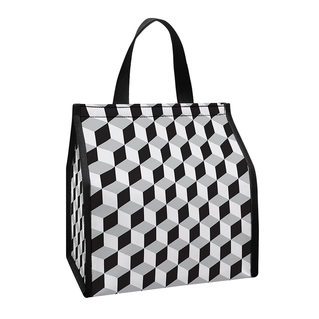 Grey Geometric Cube Shape Pattern Print Insulated Lunch Tote