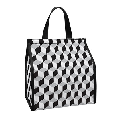 Grey Geometric Cube Shape Pattern Print Insulated Lunch Tote