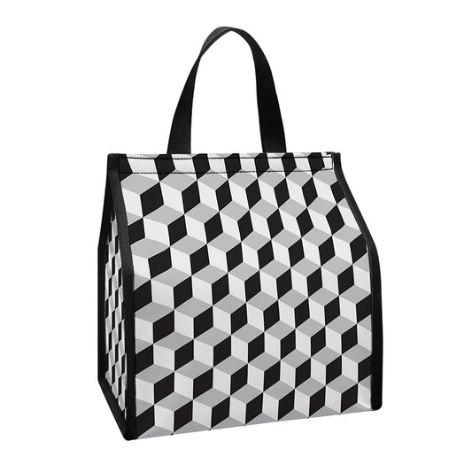 Grey Geometric Cube Shape Pattern Print Insulated Lunch Tote