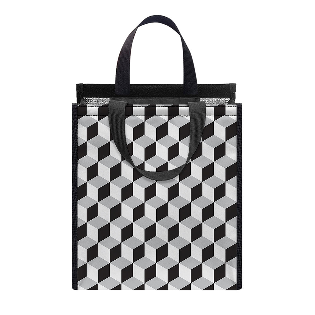 Grey Geometric Cube Shape Pattern Print Insulated Lunch Tote