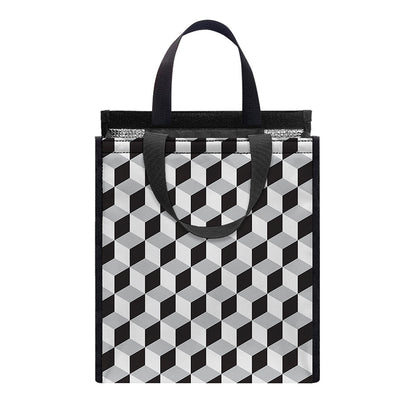 Grey Geometric Cube Shape Pattern Print Insulated Lunch Tote