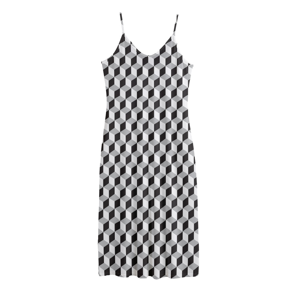 Grey Geometric Cube Shape Pattern Print Jersey Midi Cami Dress