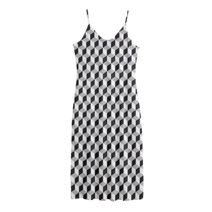 Grey Geometric Cube Shape Pattern Print Jersey Midi Cami Dress
