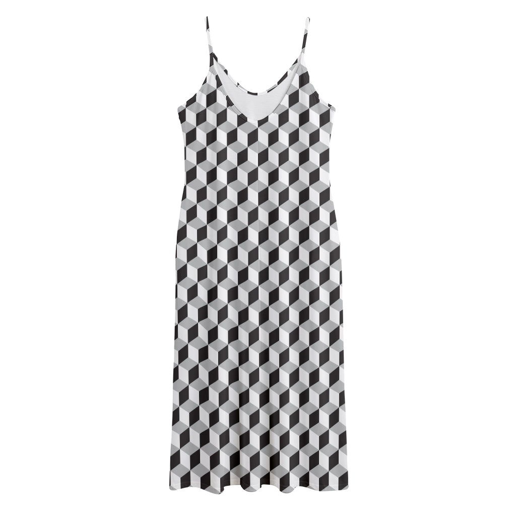 Grey Geometric Cube Shape Pattern Print Jersey Midi Cami Dress