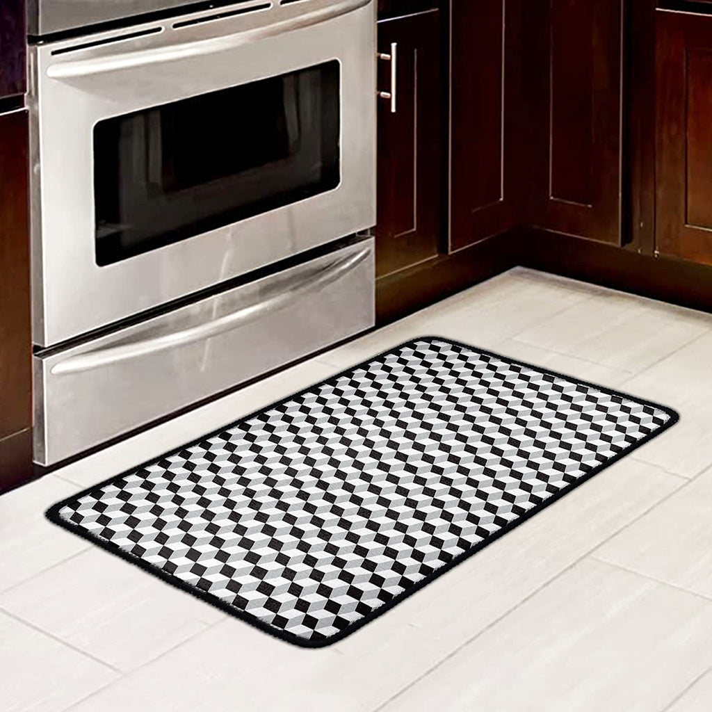 Grey Geometric Cube Shape Pattern Print Kitchen Mat