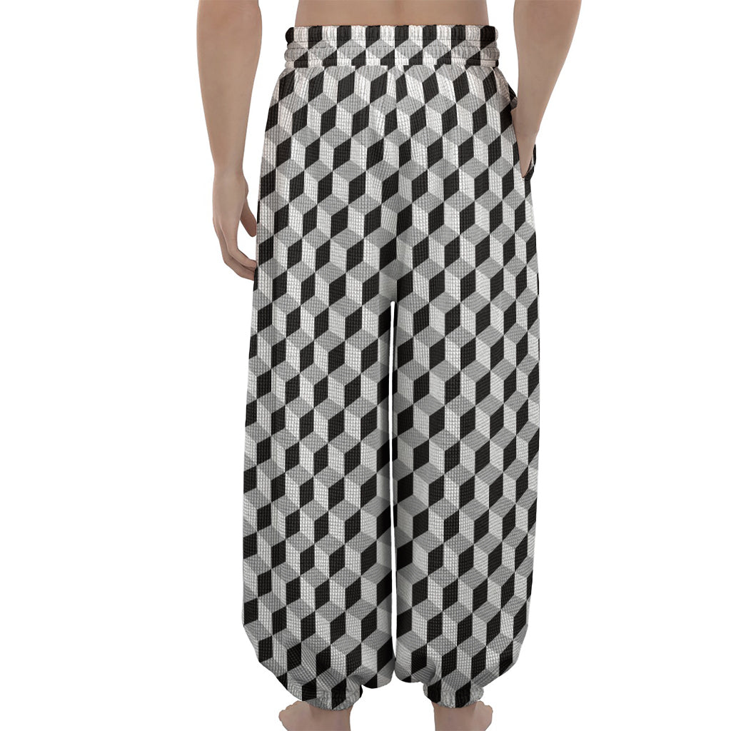 Grey Geometric Cube Shape Pattern Print Lantern Pants