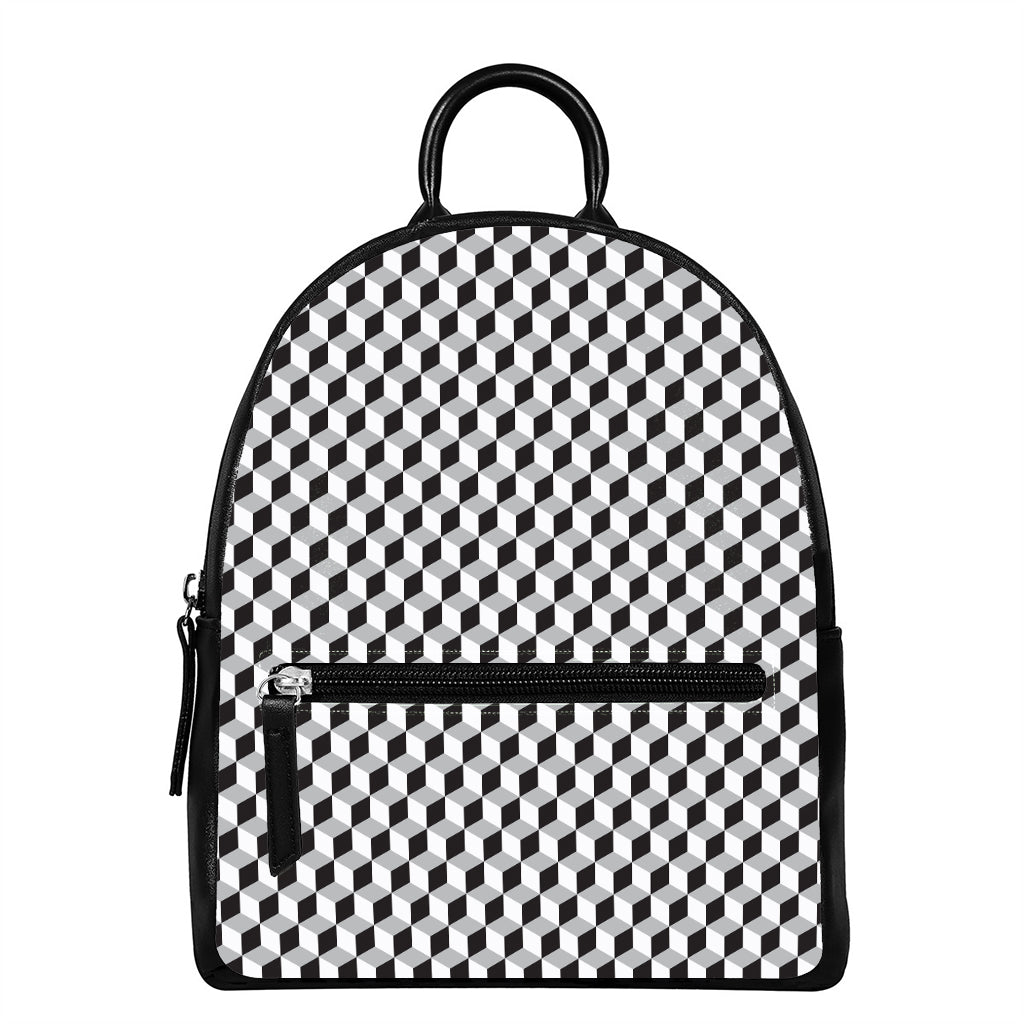Grey Geometric Cube Shape Pattern Print Leather Backpack