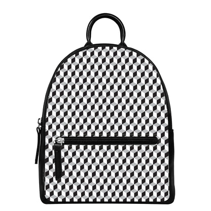 Grey Geometric Cube Shape Pattern Print Leather Backpack