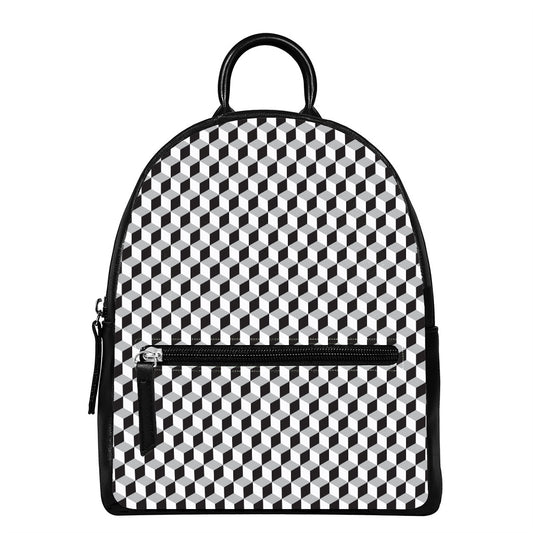 Grey Geometric Cube Shape Pattern Print Leather Backpack