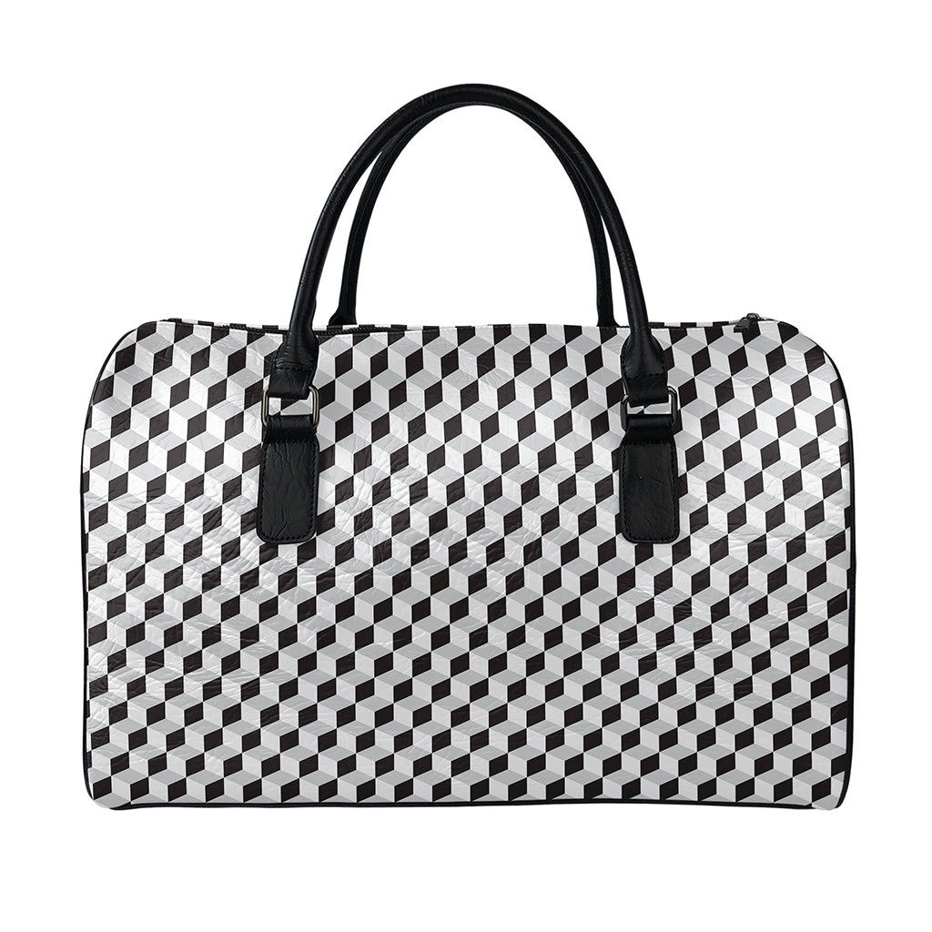 Grey Geometric Cube Shape Pattern Print Leather Duffle Bag
