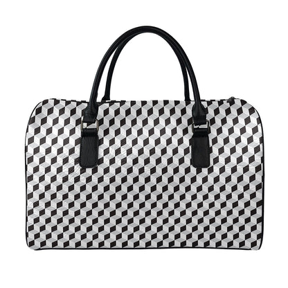 Grey Geometric Cube Shape Pattern Print Leather Duffle Bag