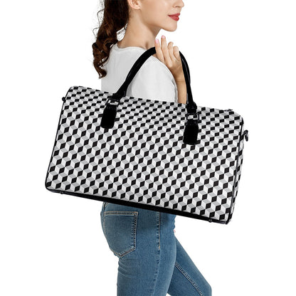 Grey Geometric Cube Shape Pattern Print Leather Duffle Bag