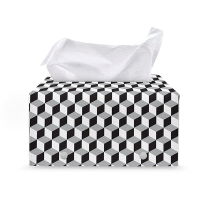 Grey Geometric Cube Shape Pattern Print Leather Tissue Box Cover