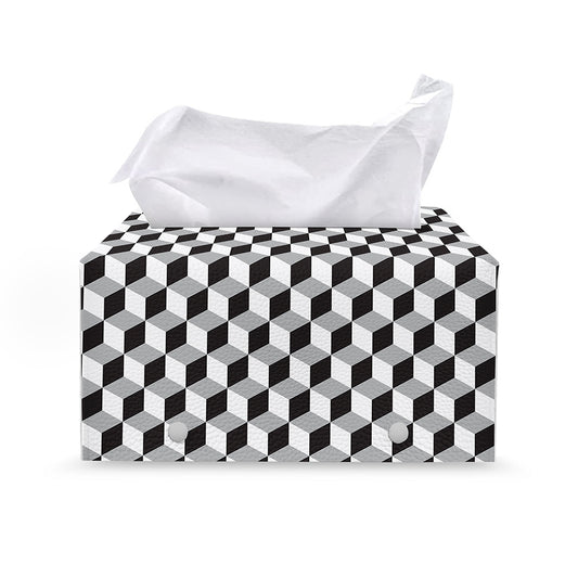 Grey Geometric Cube Shape Pattern Print Leather Tissue Box Cover