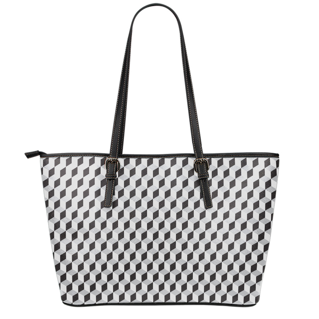 Grey Geometric Cube Shape Pattern Print Leather Tote Bag