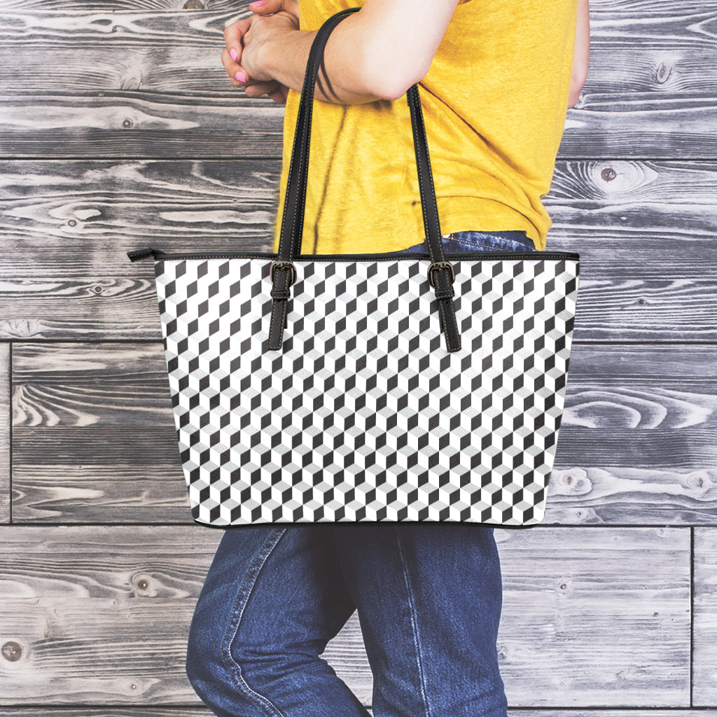 Grey Geometric Cube Shape Pattern Print Leather Tote Bag