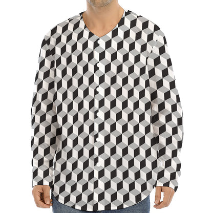 Grey Geometric Cube Shape Pattern Print Long Sleeve Baseball Jersey