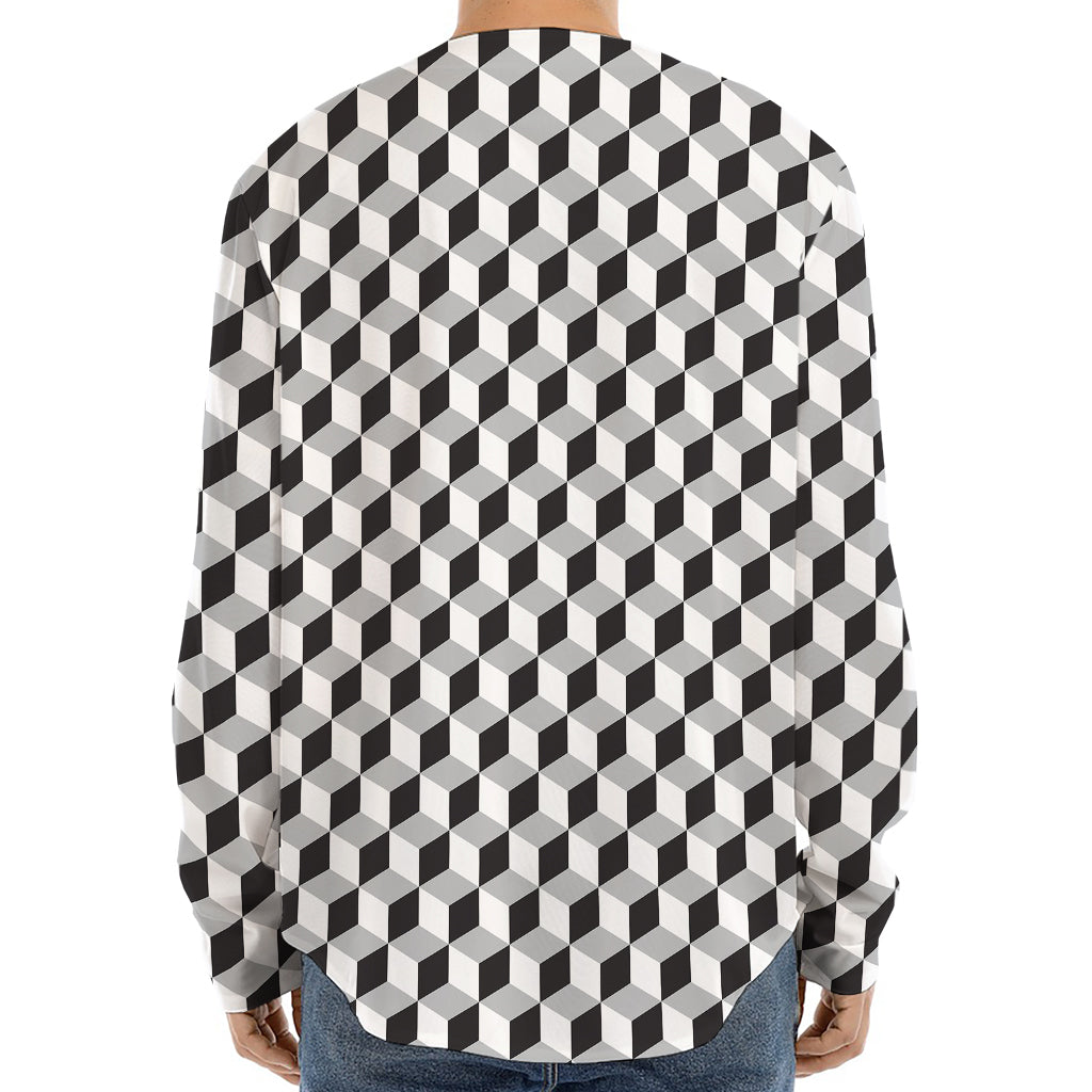 Grey Geometric Cube Shape Pattern Print Long Sleeve Baseball Jersey
