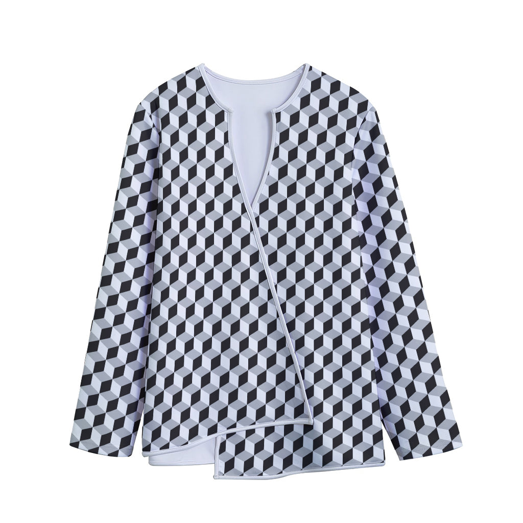 Grey Geometric Cube Shape Pattern Print Long Sleeve Short Coat