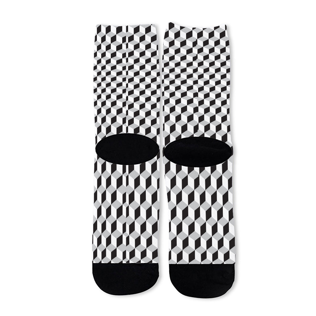 Grey Geometric Cube Shape Pattern Print Long Socks