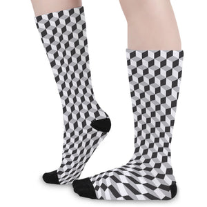 Grey Geometric Cube Shape Pattern Print Long Socks