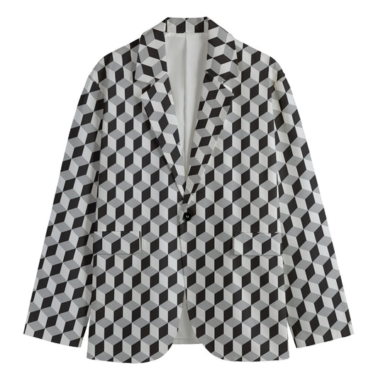 Grey Geometric Cube Shape Pattern Print Men's Blazer