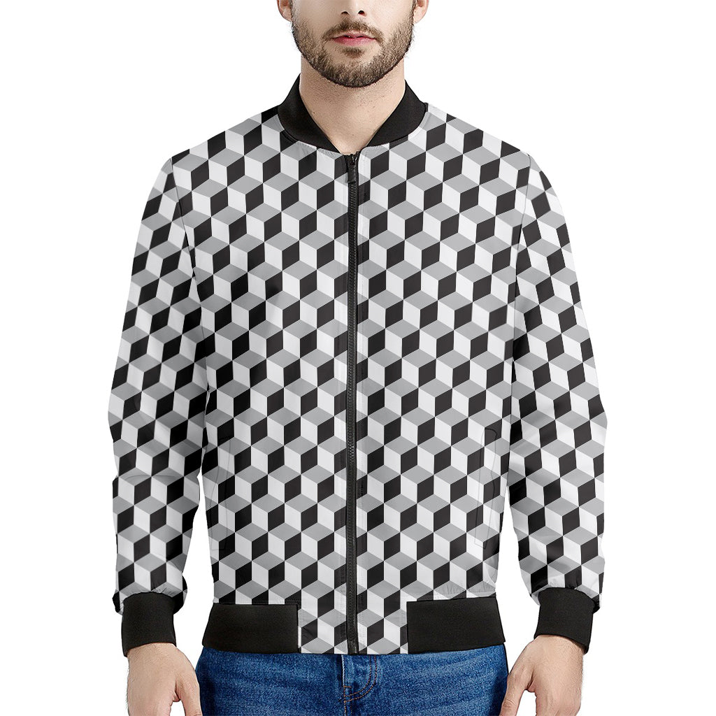Grey Geometric Cube Shape Pattern Print Men's Bomber Jacket