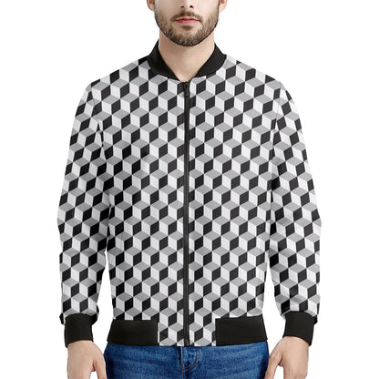 Grey Geometric Cube Shape Pattern Print Men's Bomber Jacket