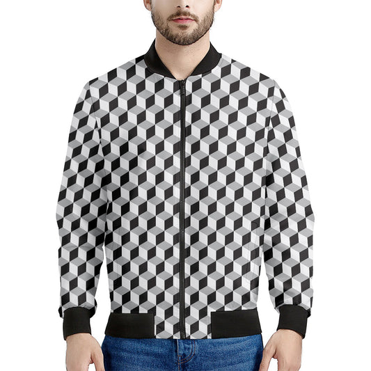 Grey Geometric Cube Shape Pattern Print Men's Bomber Jacket