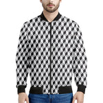 Grey Geometric Cube Shape Pattern Print Men's Bomber Jacket