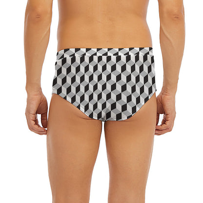 Grey Geometric Cube Shape Pattern Print Men's Briefs