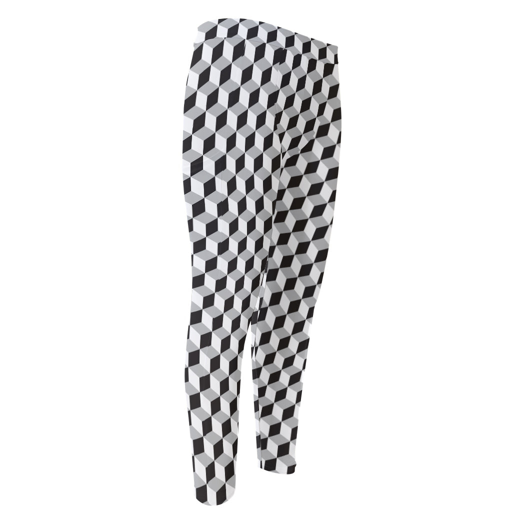 Grey Geometric Cube Shape Pattern Print Men's Compression Pants
