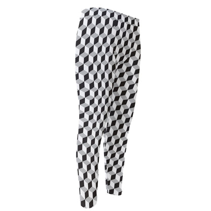 Grey Geometric Cube Shape Pattern Print Men's Compression Pants
