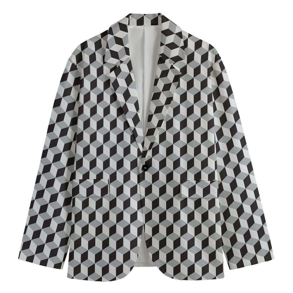 Grey Geometric Cube Shape Pattern Print Men's Cotton Blazer