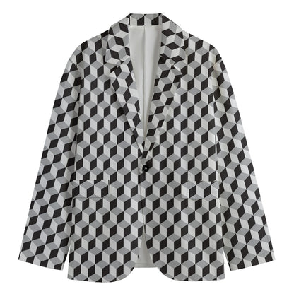 Grey Geometric Cube Shape Pattern Print Men's Cotton Blazer