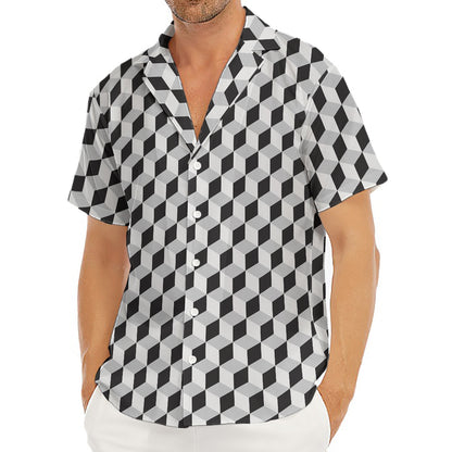 Grey Geometric Cube Shape Pattern Print Men's Deep V-Neck Shirt