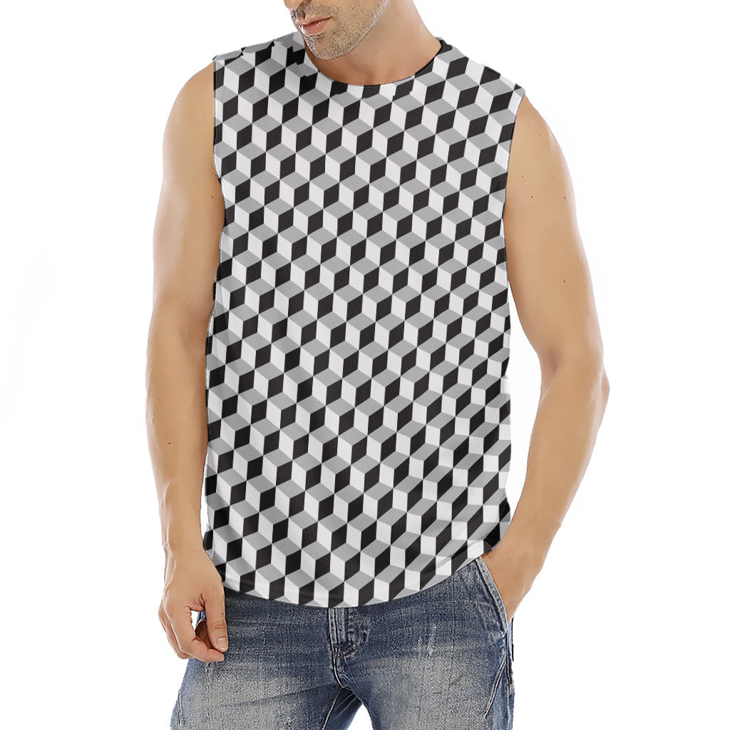 Grey Geometric Cube Shape Pattern Print Men's Fitness Tank Top