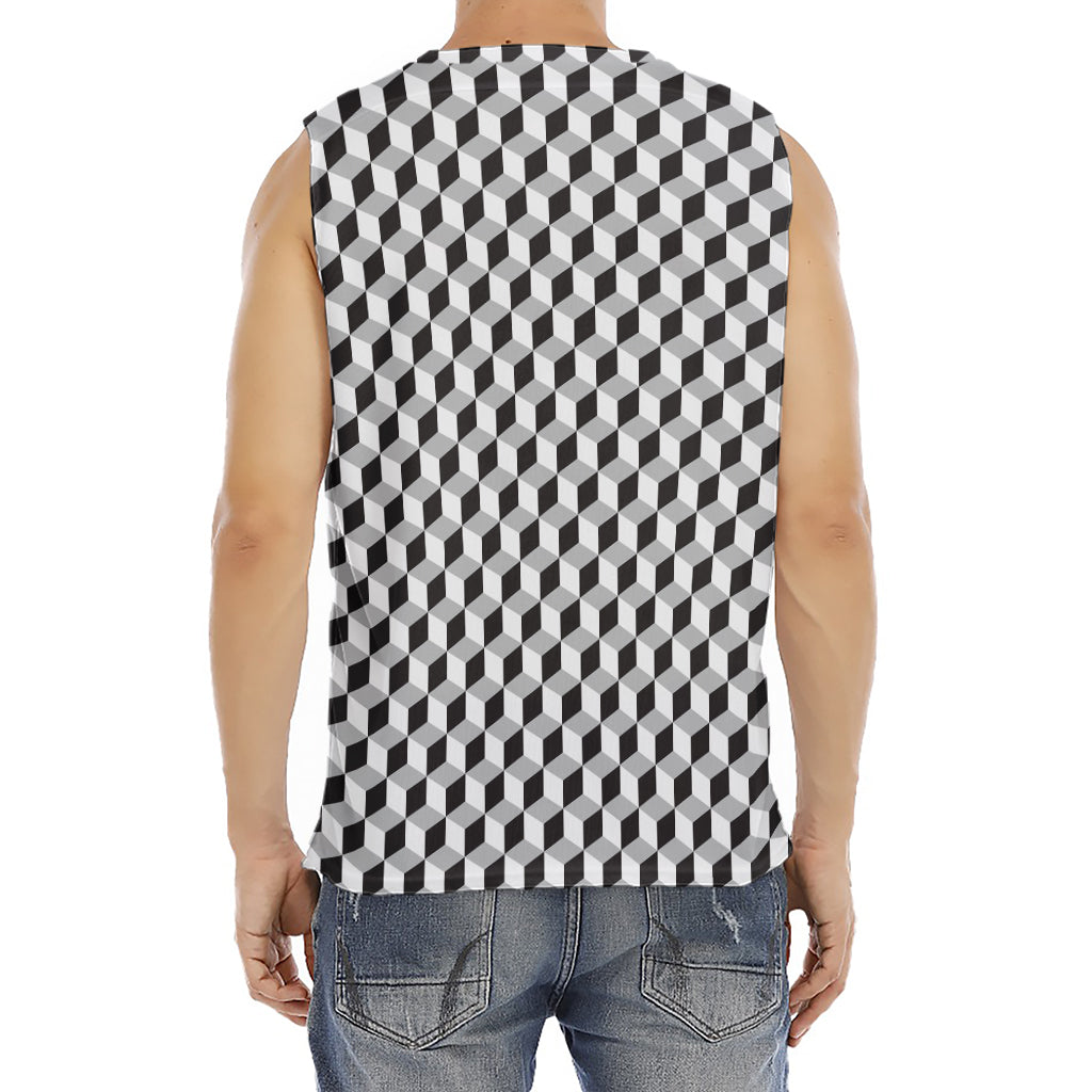 Grey Geometric Cube Shape Pattern Print Men's Fitness Tank Top