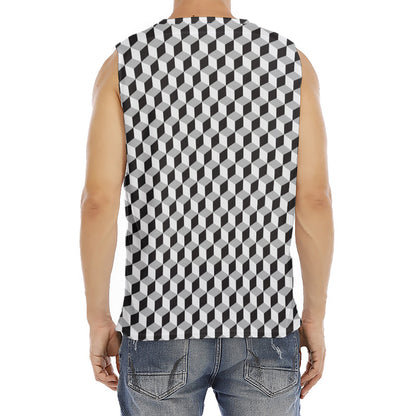 Grey Geometric Cube Shape Pattern Print Men's Fitness Tank Top