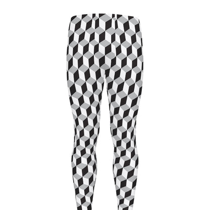 Grey Geometric Cube Shape Pattern Print Men's leggings