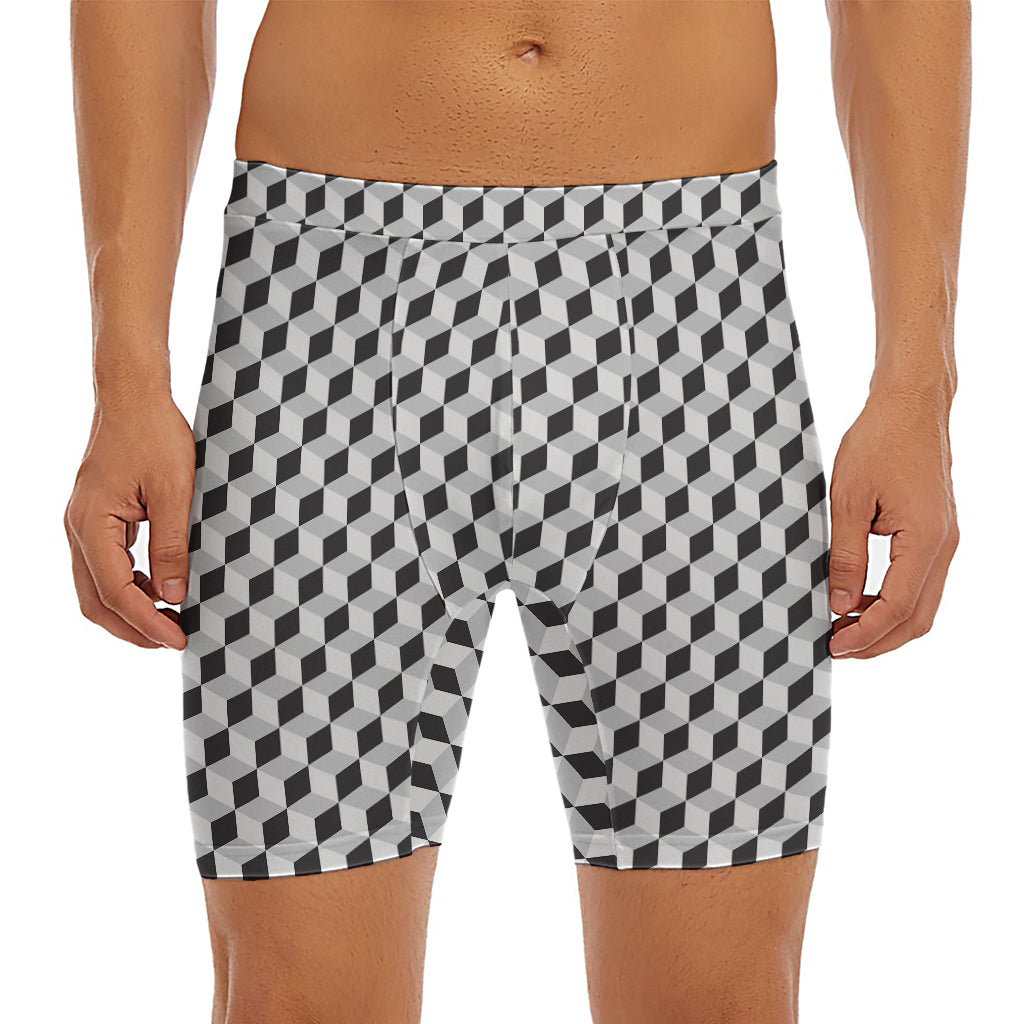 Grey Geometric Cube Shape Pattern Print Men's Long Boxer Briefs