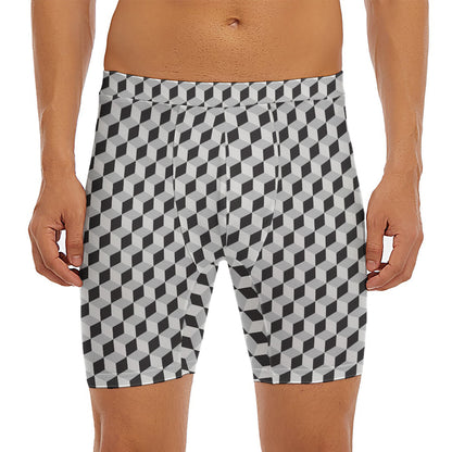 Grey Geometric Cube Shape Pattern Print Men's Long Boxer Briefs