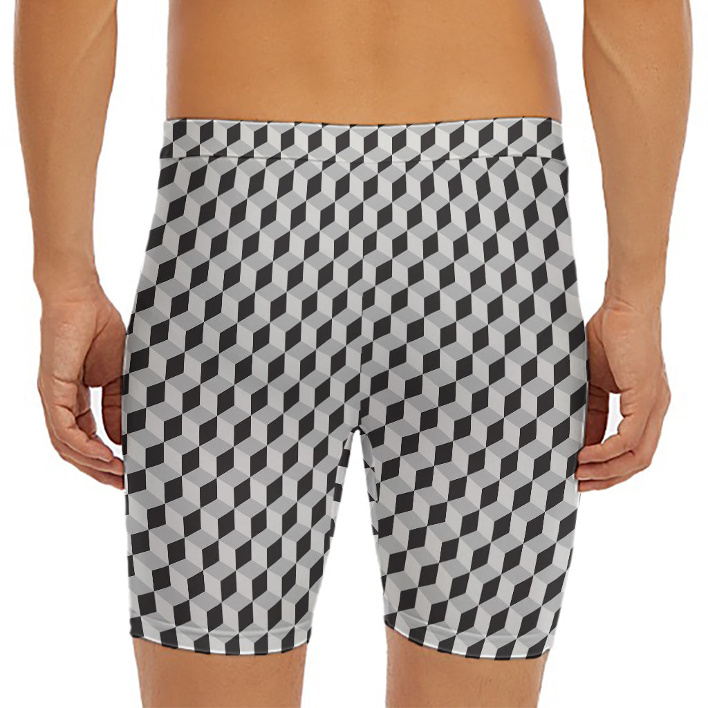 Grey Geometric Cube Shape Pattern Print Men's Long Boxer Briefs