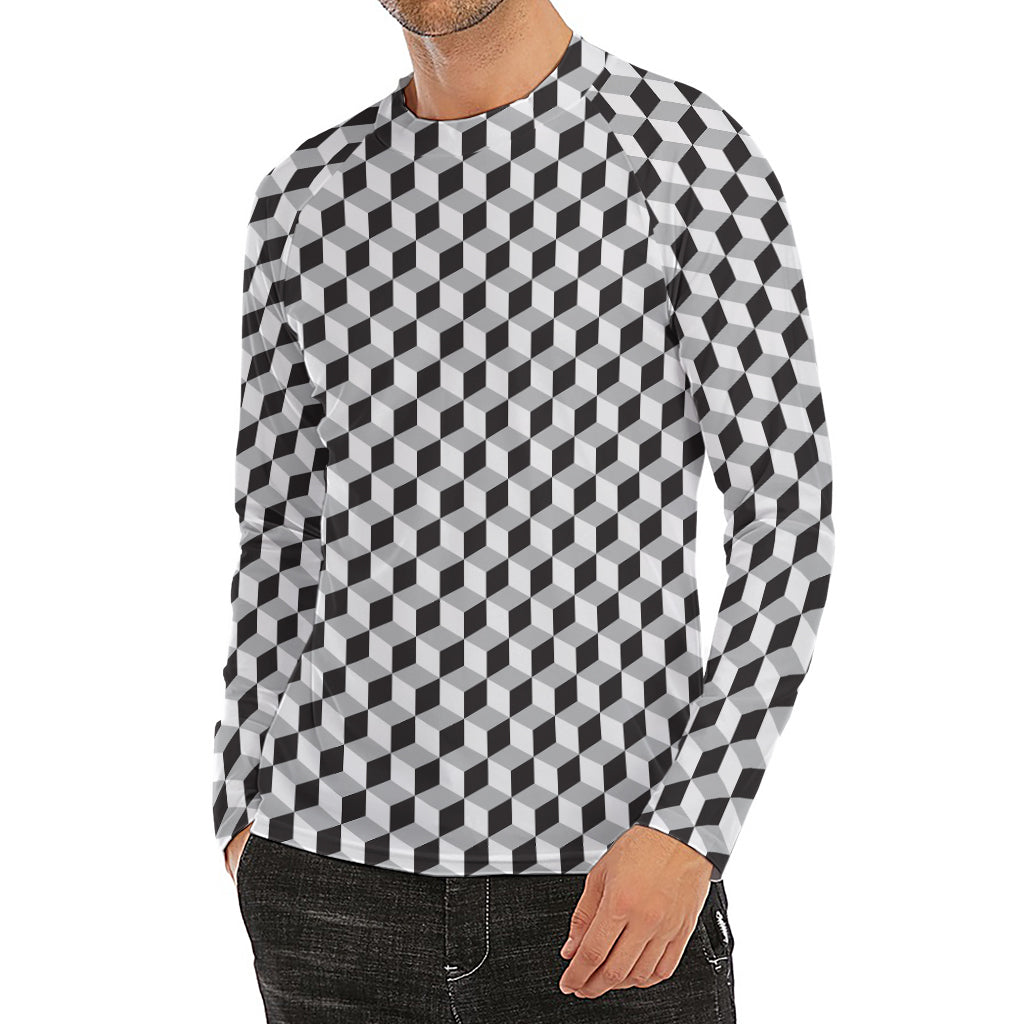 Grey Geometric Cube Shape Pattern Print Men's Long Sleeve Rash Guard