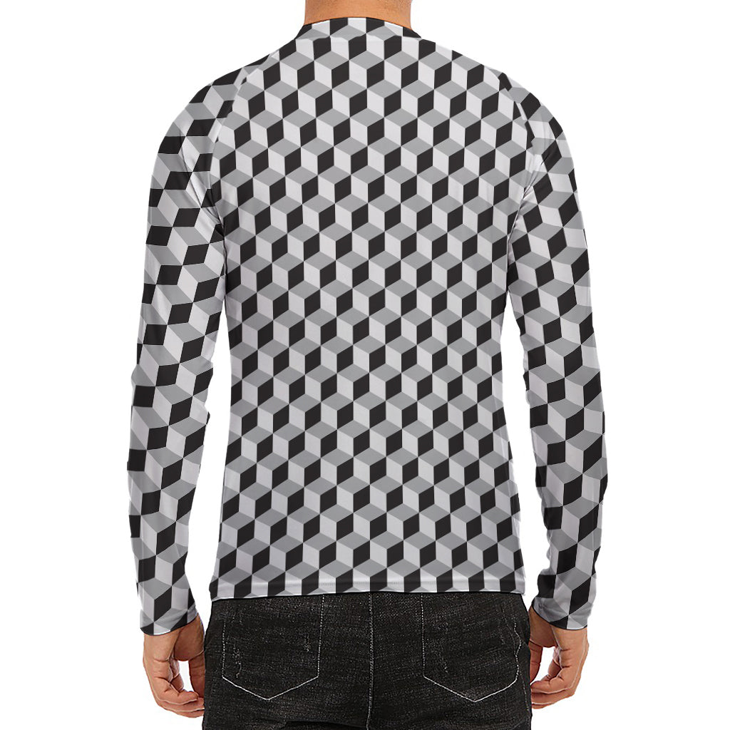 Grey Geometric Cube Shape Pattern Print Men's Long Sleeve Rash Guard